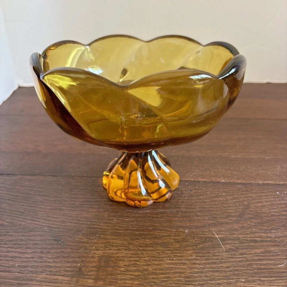 MCM 1960s Viking Glass Amber Compote 8-petal Twisted Swirl Footed Pedestal 5.25